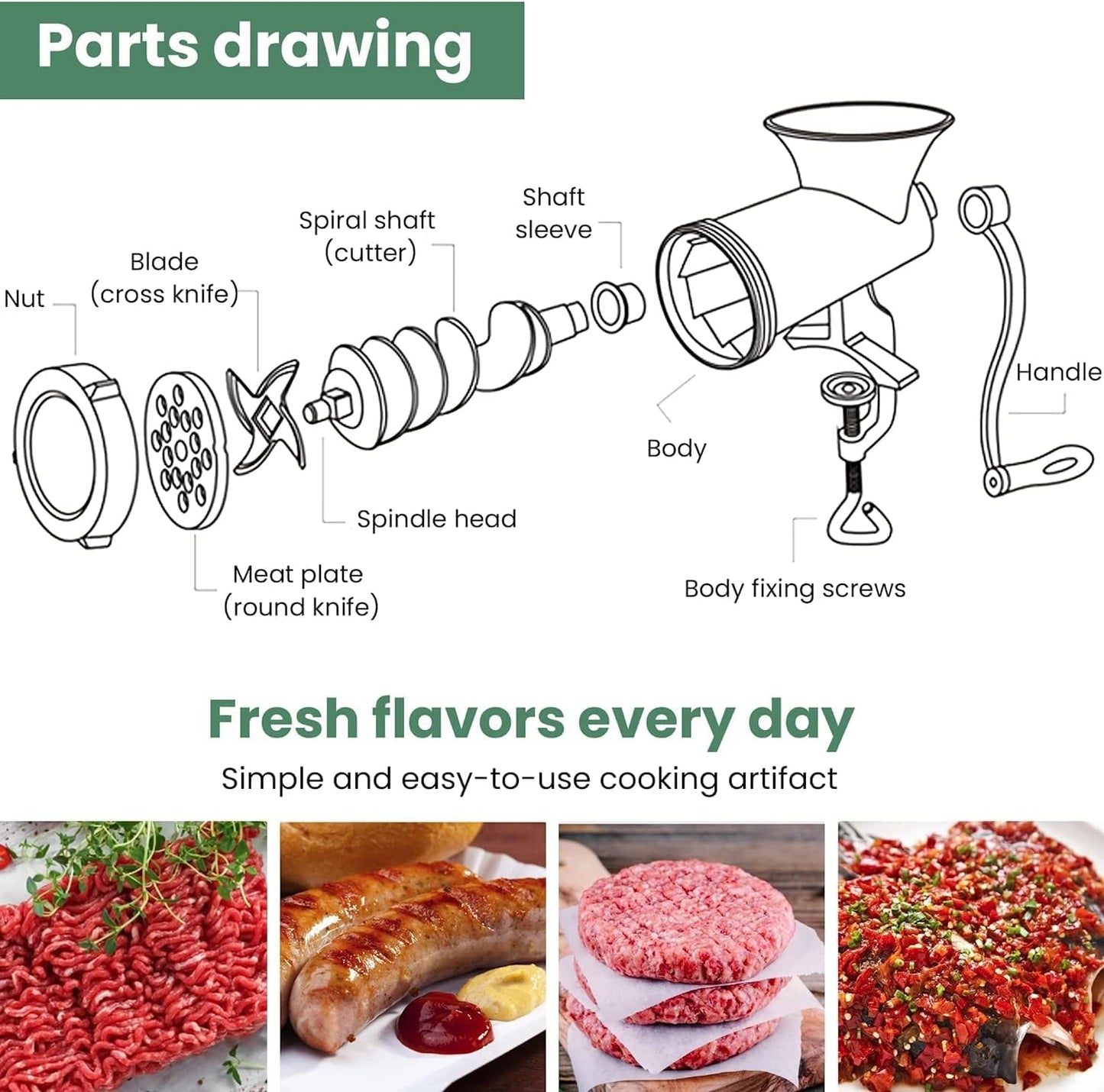 CAM2 Professional Grade Manual Meat Grinder #12 - Durable 304 Stainless Steel Design
