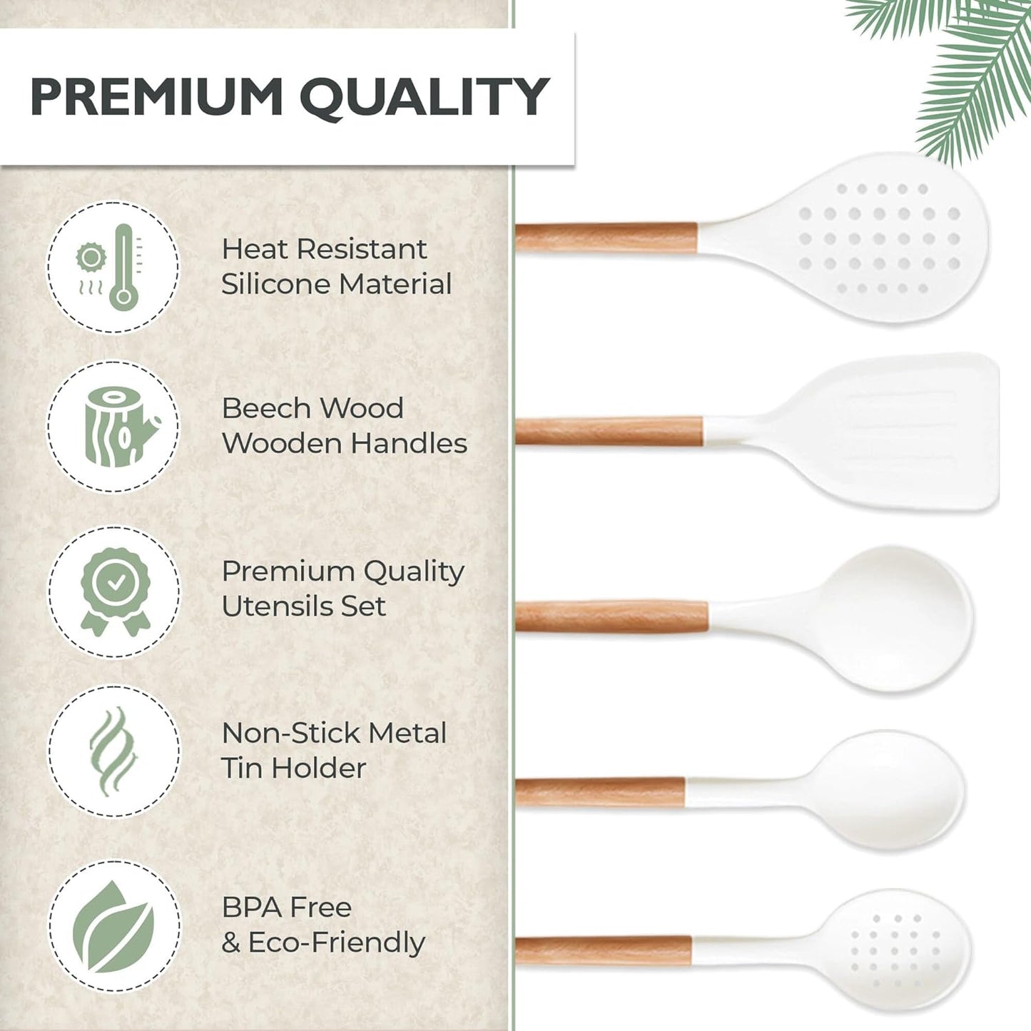 Five14 Premium Heat-Resistant Silicone Kitchen Utensils Set with Whisk - White Culinary Collection
