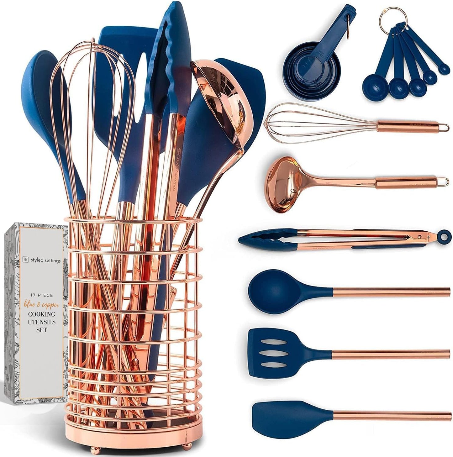 17-Piece White Silicone and Copper Kitchen Utensil Set with Holder - Elegant Rose Gold Cooking Tools for Nonstick Cookware, Featuring Measuring Cups and Spoons