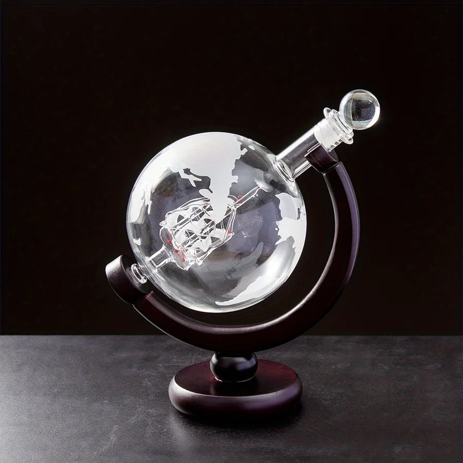 Elegant Globe Decanter Set with Lead-Free Carafe, Premium Wooden Stand, and Two Whiskey Glasses - Perfect Gift for Enthusiasts
