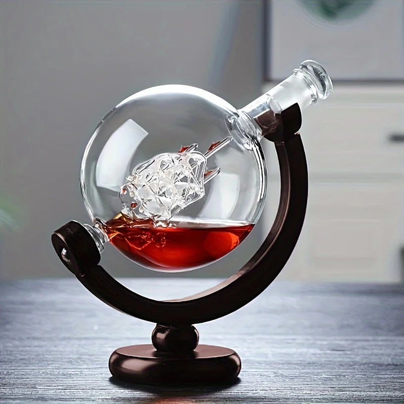 Elegant Globe Decanter Set with Lead-Free Carafe, Premium Wooden Stand, and Two Whiskey Glasses - Perfect Gift for Enthusiasts