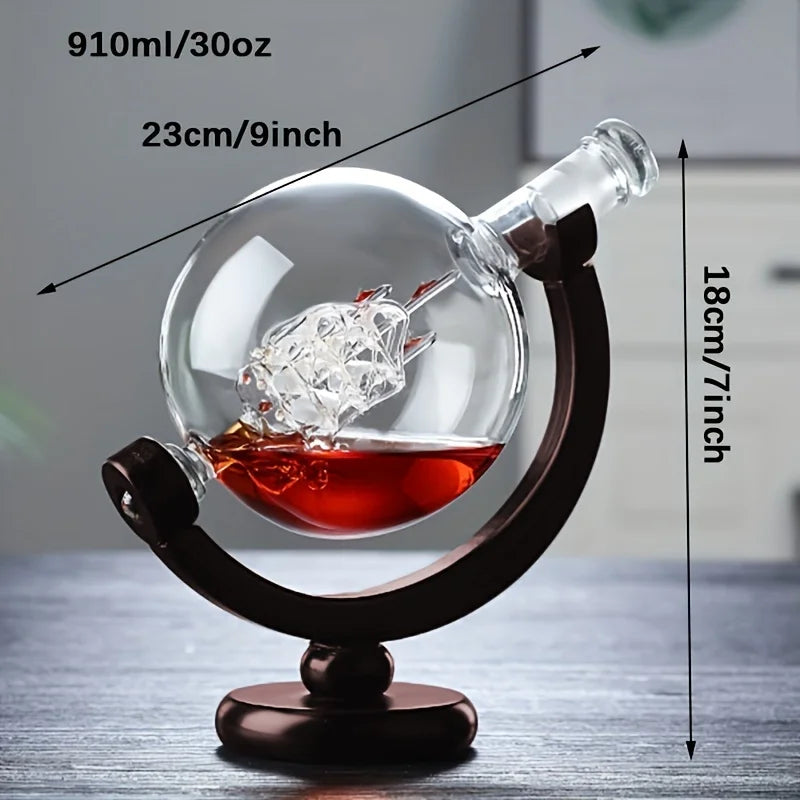 Elegant Globe Decanter Set with Lead-Free Carafe, Premium Wooden Stand, and Two Whiskey Glasses - Perfect Gift for Enthusiasts