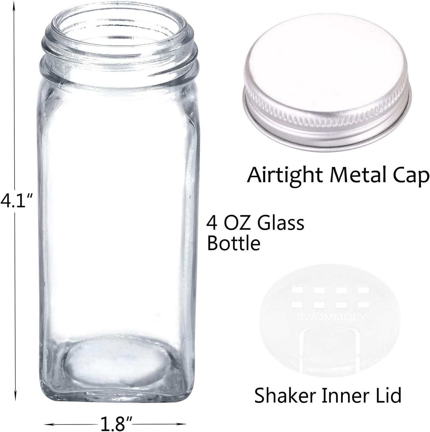SWOMMOLY Comprehensive Spice Rack Organizer Set with 24 Empty Glass Jars, 396 Spice Labels, Chalk Marker, and Funnel - Suitable for Countertop, Cabinet, or Wall Mount, Silver