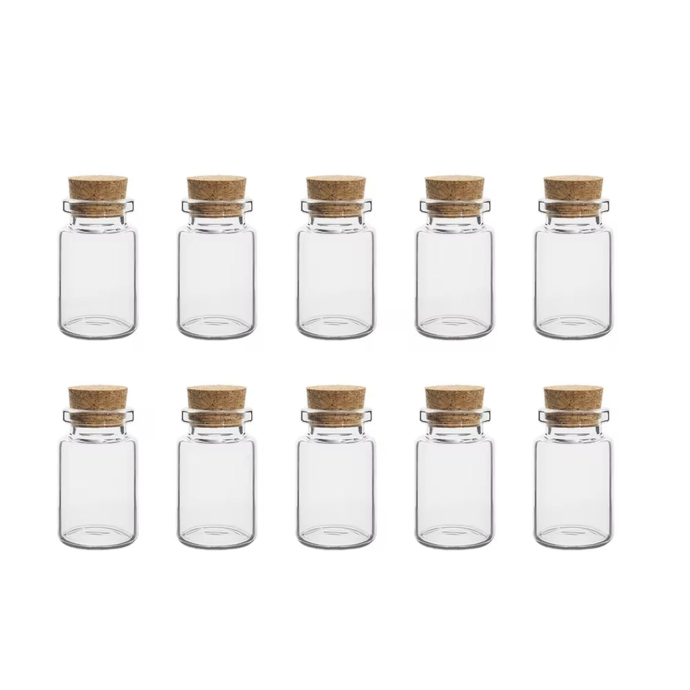 10-Piece Set of Small Glass Bottles (5ml-20ml) with Cork Stoppers for DIY Decoration and Message Vials