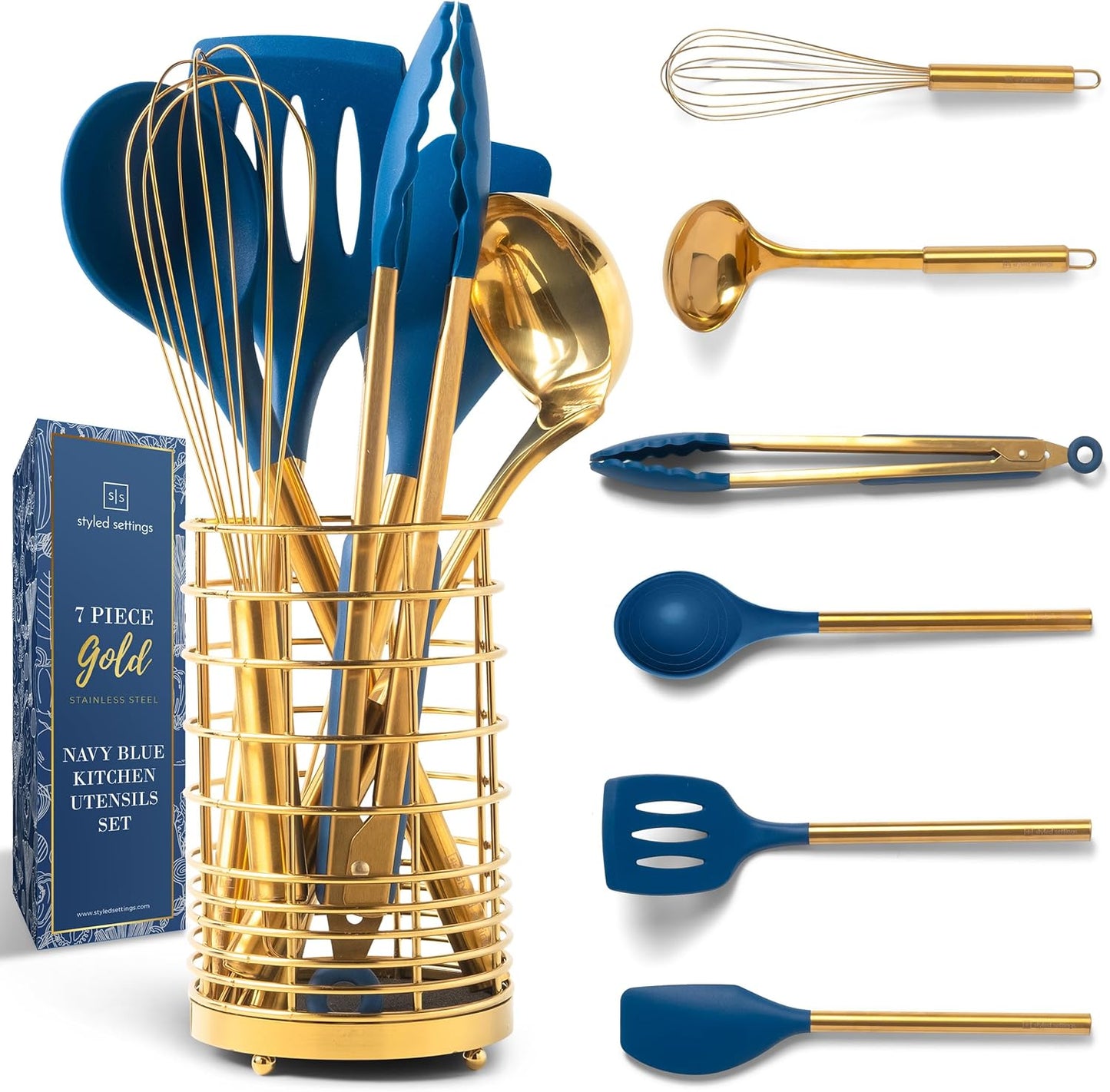 17-Piece White Silicone and Copper Kitchen Utensil Set with Holder - Elegant Rose Gold Cooking Tools for Nonstick Cookware, Featuring Measuring Cups and Spoons