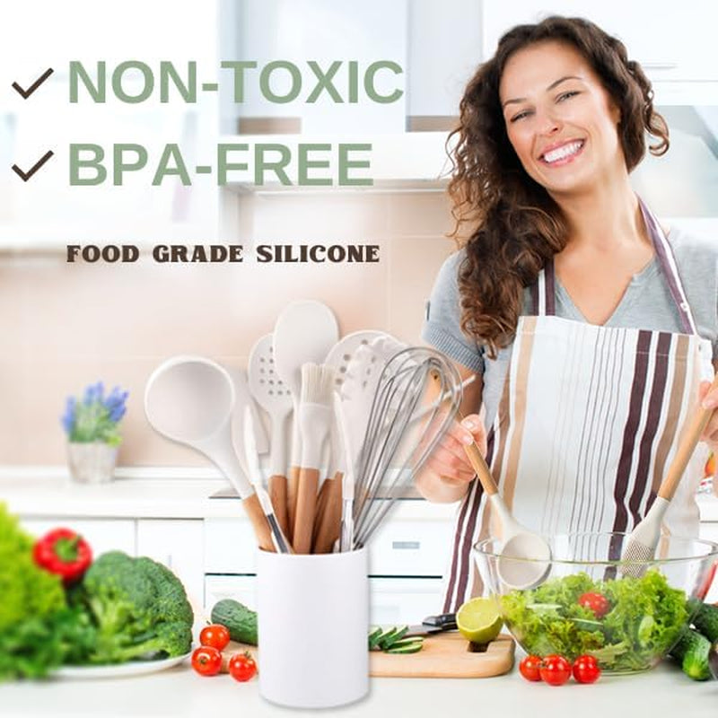 Five14 Premium Heat-Resistant Silicone Kitchen Utensils Set with Whisk - White Culinary Collection