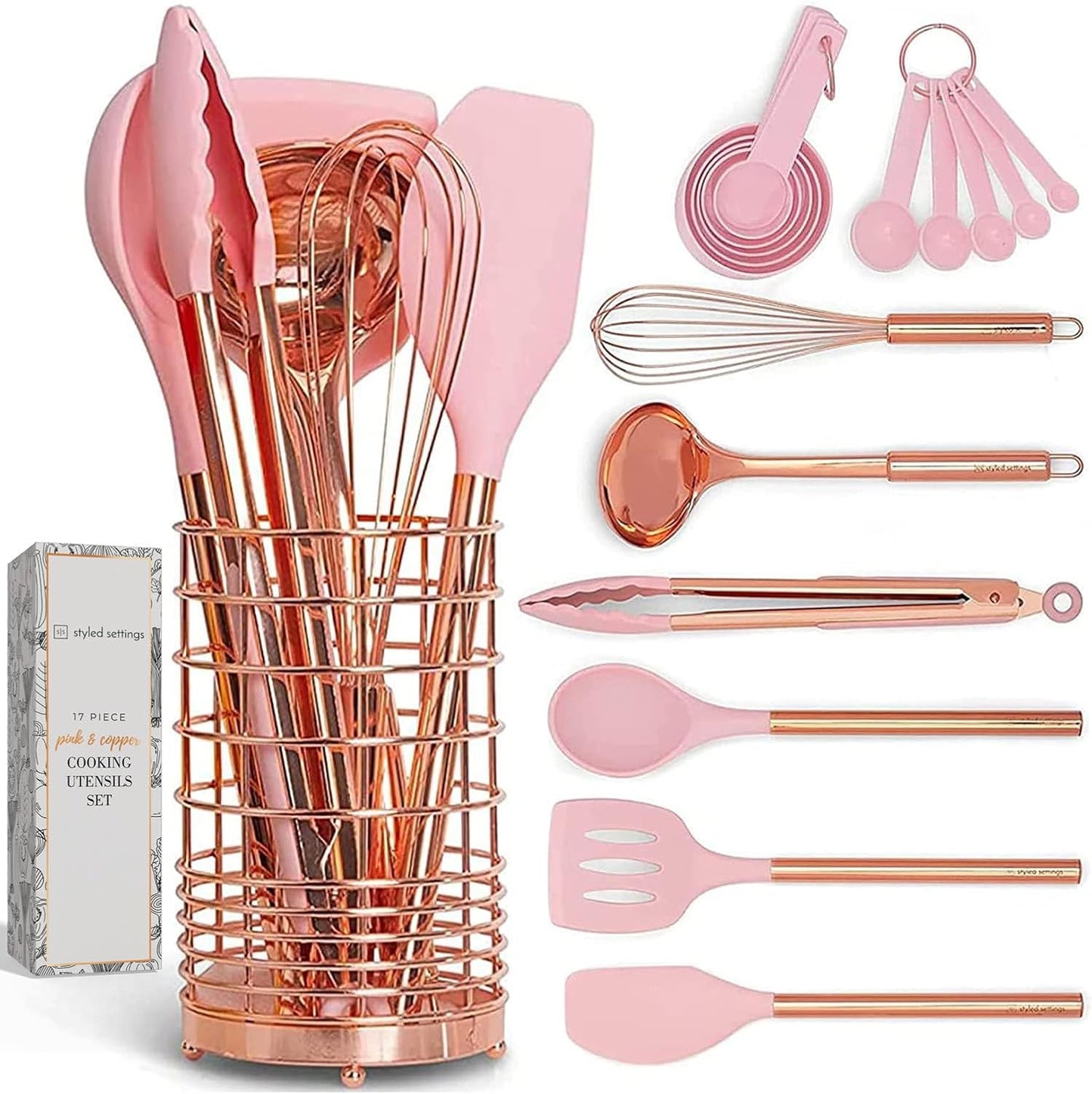 17-Piece White Silicone and Copper Kitchen Utensil Set with Holder - Elegant Rose Gold Cooking Tools for Nonstick Cookware, Featuring Measuring Cups and Spoons
