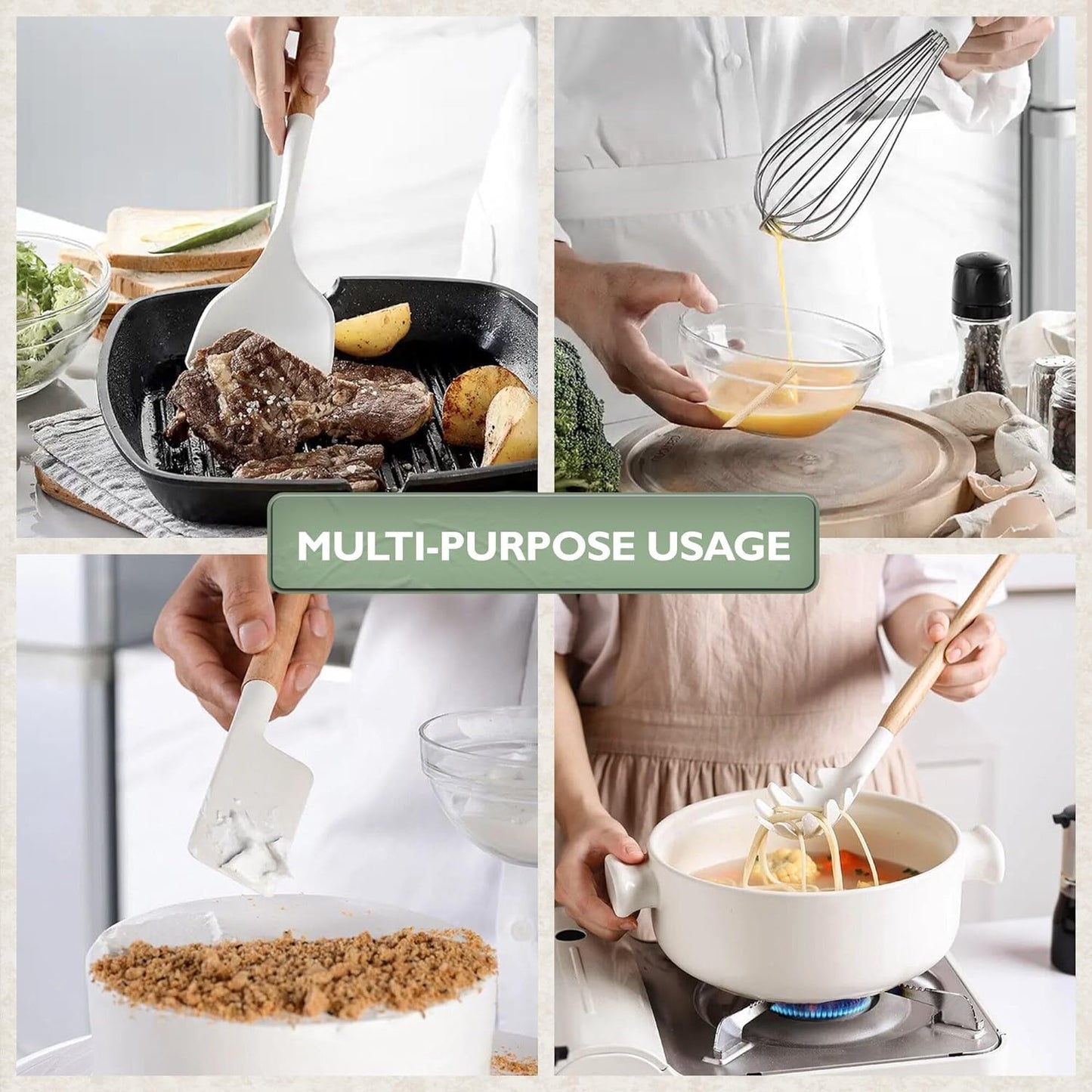 Five14 Premium Heat-Resistant Silicone Kitchen Utensils Set with Whisk - White Culinary Collection
