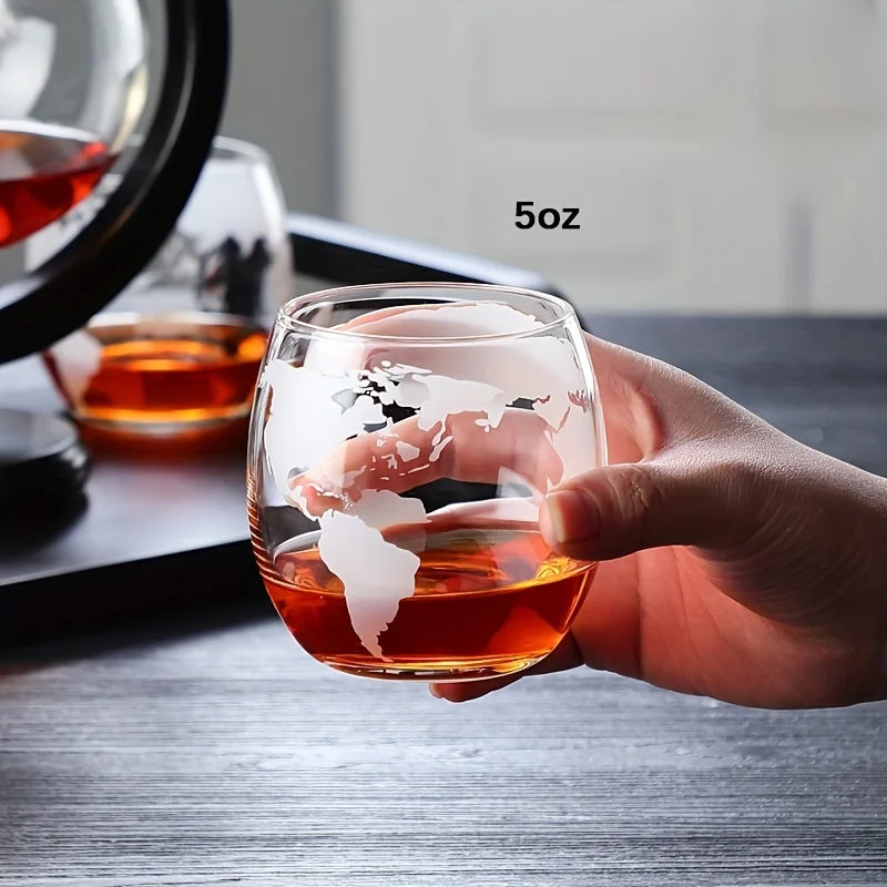 Elegant Globe Decanter Set with Lead-Free Carafe, Premium Wooden Stand, and Two Whiskey Glasses - Perfect Gift for Enthusiasts
