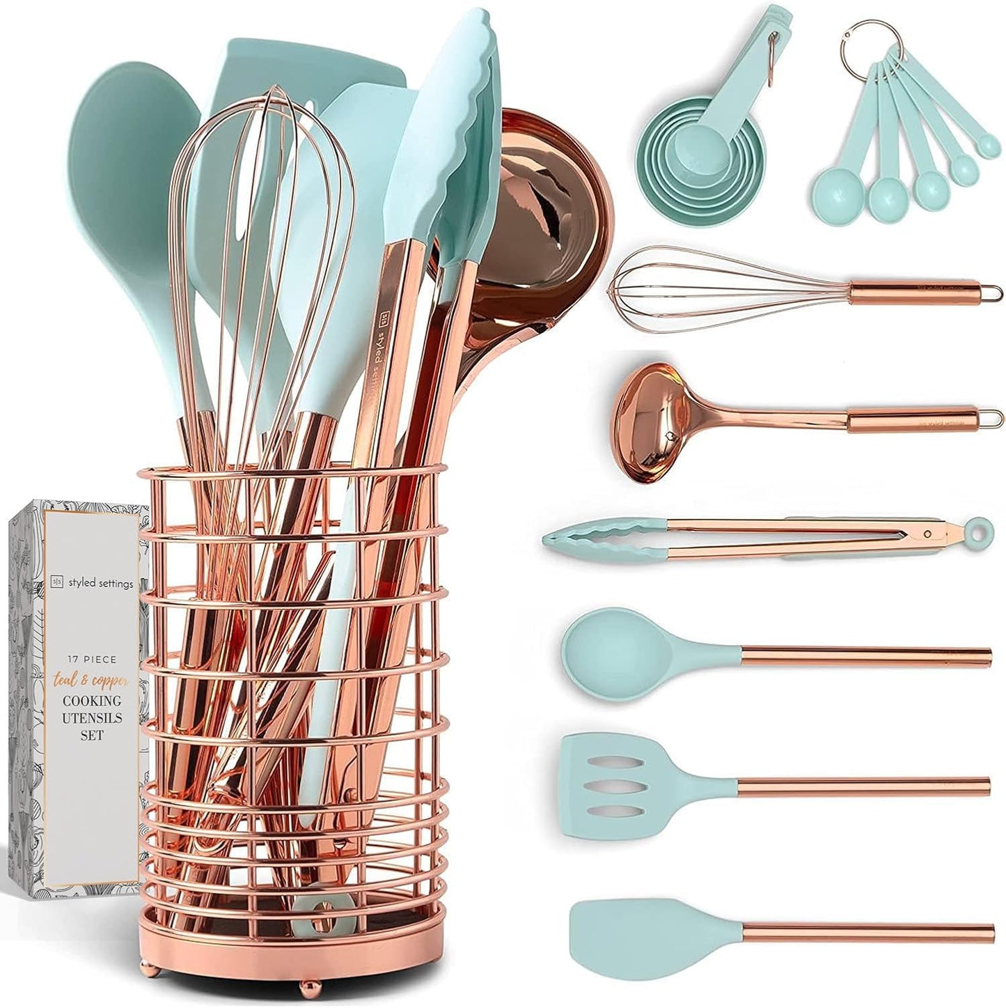 17-Piece White Silicone and Copper Kitchen Utensil Set with Holder - Elegant Rose Gold Cooking Tools for Nonstick Cookware, Featuring Measuring Cups and Spoons