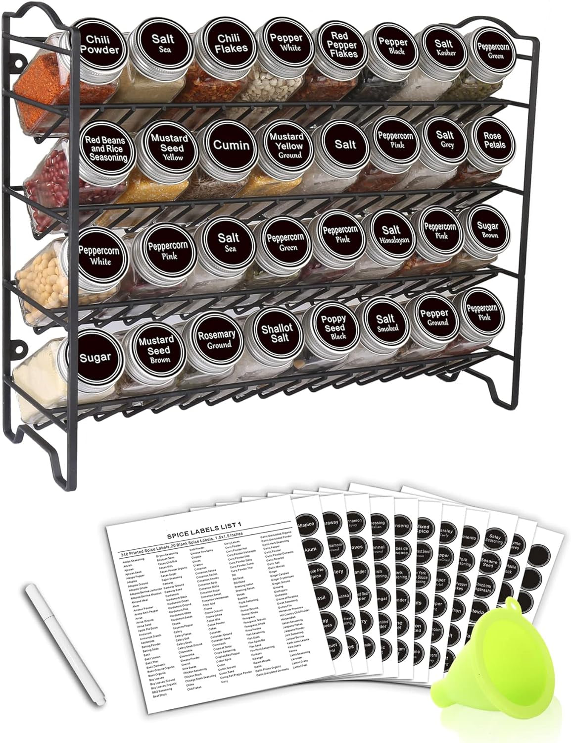 SWOMMOLY Comprehensive Spice Rack Organizer Set with 24 Empty Glass Jars, 396 Spice Labels, Chalk Marker, and Funnel - Suitable for Countertop, Cabinet, or Wall Mount, Silver