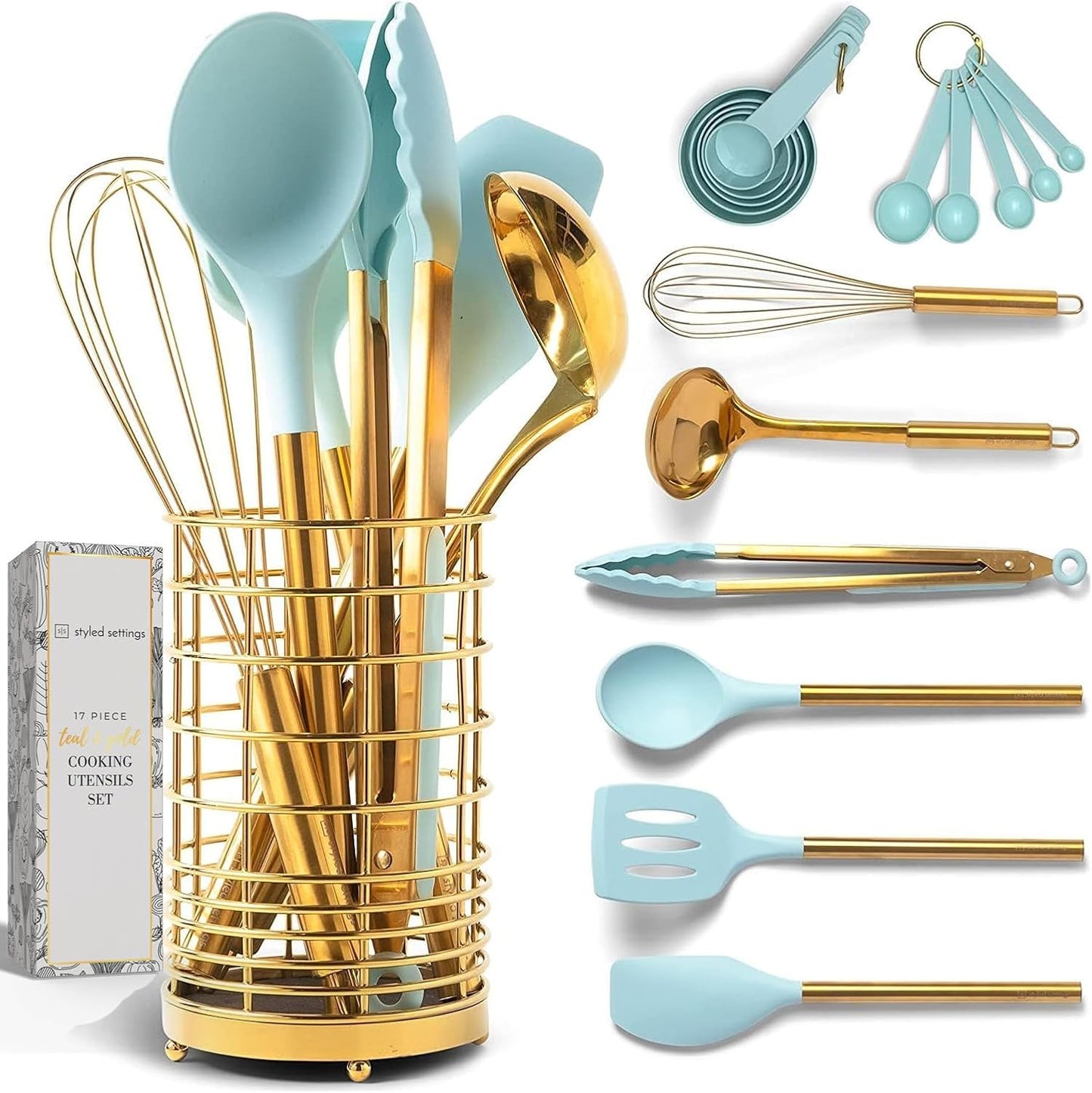 17-Piece White Silicone and Copper Kitchen Utensil Set with Holder - Elegant Rose Gold Cooking Tools for Nonstick Cookware, Featuring Measuring Cups and Spoons