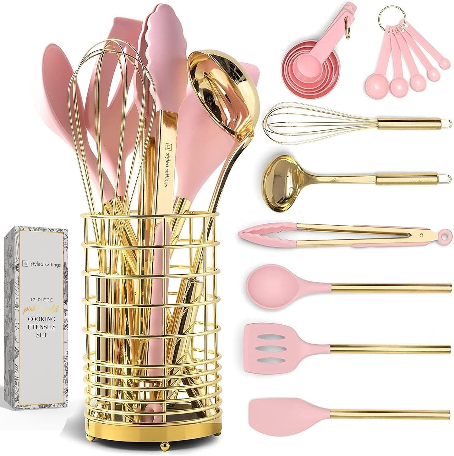 17-Piece White Silicone and Copper Kitchen Utensil Set with Holder - Elegant Rose Gold Cooking Tools for Nonstick Cookware, Featuring Measuring Cups and Spoons