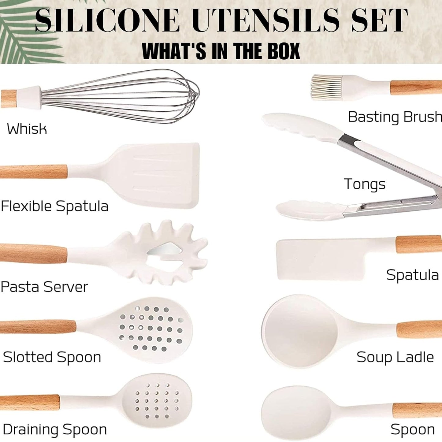 Five14 Premium Heat-Resistant Silicone Kitchen Utensils Set with Whisk - White Culinary Collection