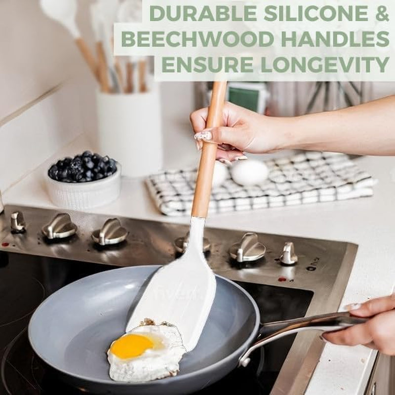 Five14 Premium Heat-Resistant Silicone Kitchen Utensils Set with Whisk - White Culinary Collection