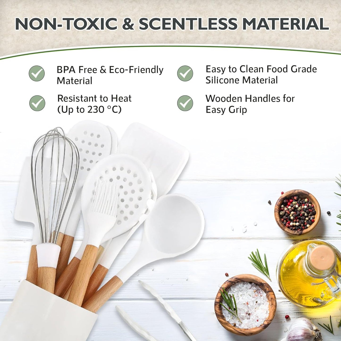 Five14 Premium Heat-Resistant Silicone Kitchen Utensils Set with Whisk - White Culinary Collection