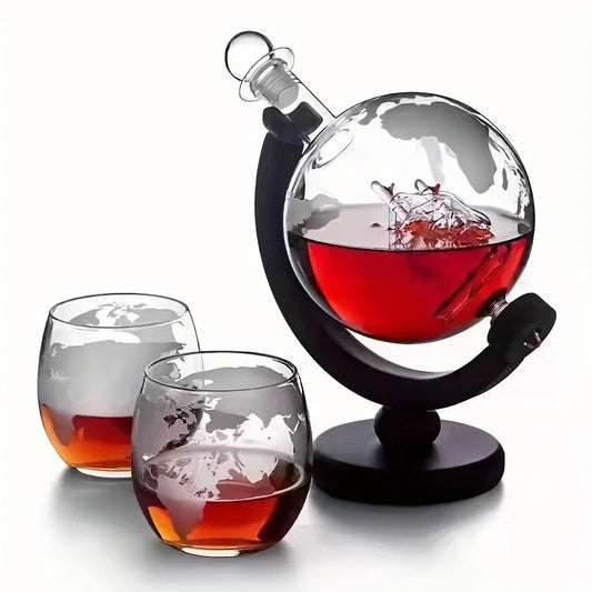 Elegant Globe Decanter Set with Lead-Free Carafe, Premium Wooden Stand, and Two Whiskey Glasses - Perfect Gift for Enthusiasts