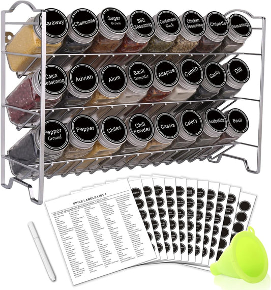 SWOMMOLY Comprehensive Spice Rack Organizer Set with 24 Empty Glass Jars, 396 Spice Labels, Chalk Marker, and Funnel - Suitable for Countertop, Cabinet, or Wall Mount, Silver