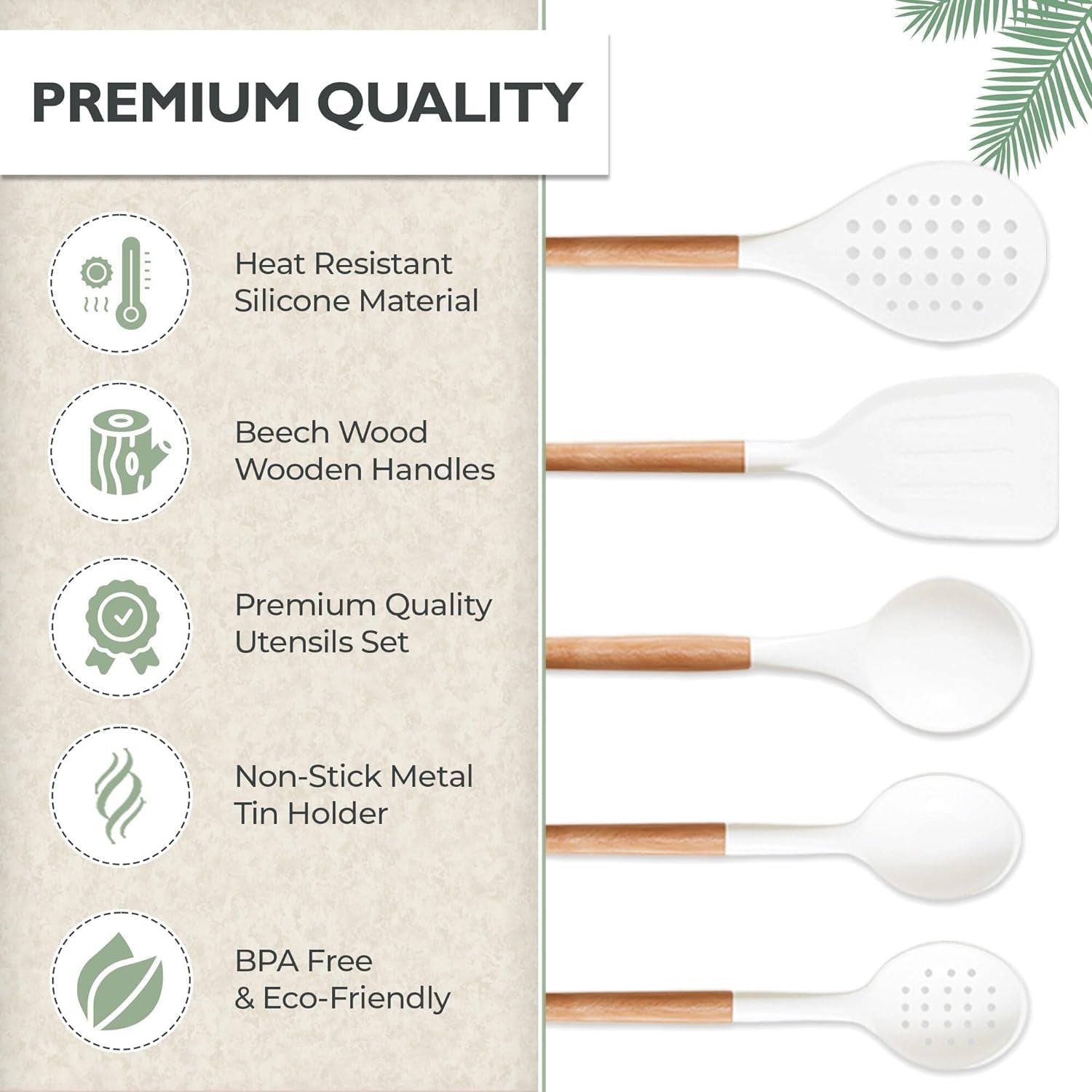 Five14 Premium Heat-Resistant Silicone Kitchen Utensils Set with Whisk - White Culinary Collection
