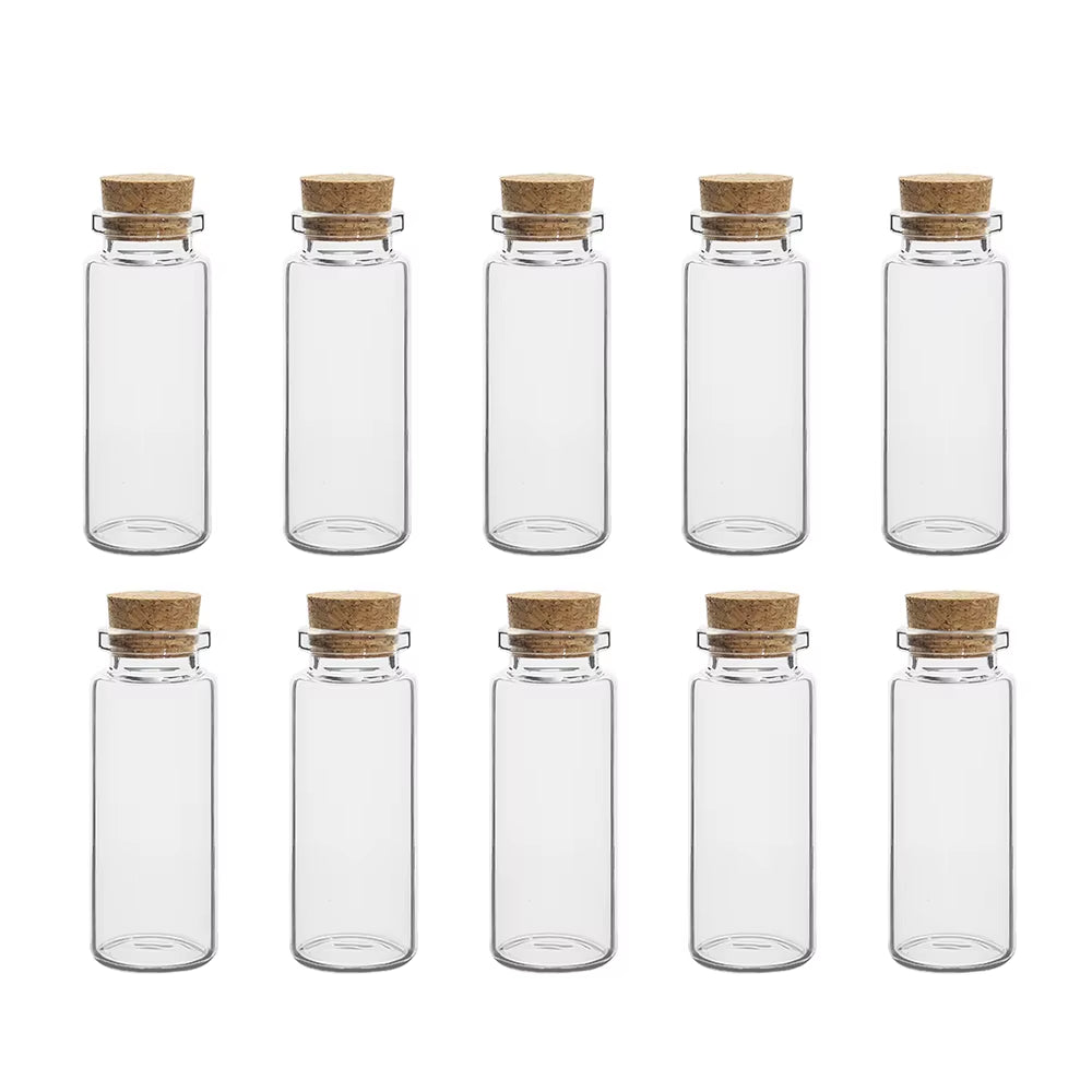 10-Piece Set of Small Glass Bottles (5ml-20ml) with Cork Stoppers for DIY Decoration and Message Vials