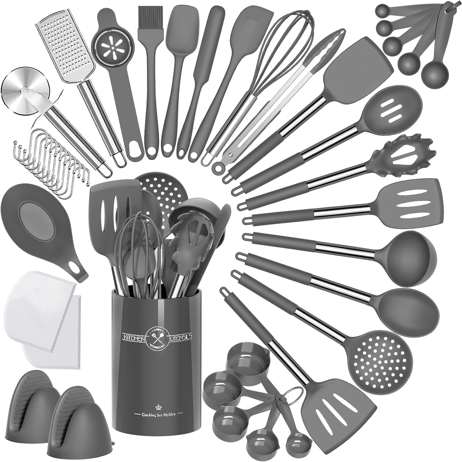 Umite Chef 43-Piece Premium Silicone Kitchen Utensil Set with Elegant Stainless Steel Handles - Non-Stick, Heat Resistant, and BPA Free for Safe Cooking