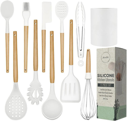 Five14 Premium Heat-Resistant Silicone Kitchen Utensils Set with Whisk - White Culinary Collection