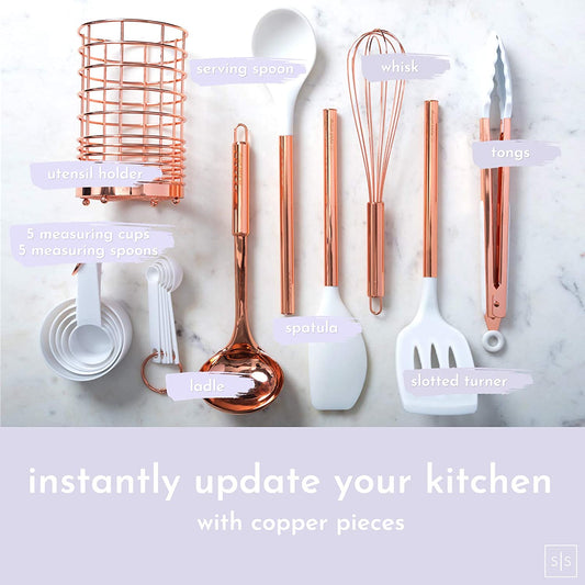 17-Piece White Silicone and Copper Kitchen Utensil Set with Holder - Elegant Rose Gold Cooking Tools for Nonstick Cookware, Featuring Measuring Cups and Spoons