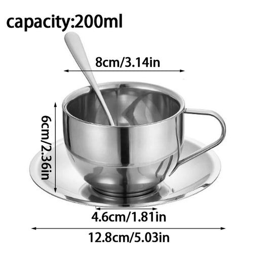 Set of 3 Double Wall Insulated Stainless Steel Coffee Mugs with Tray and Stirring Spoon for Home Use