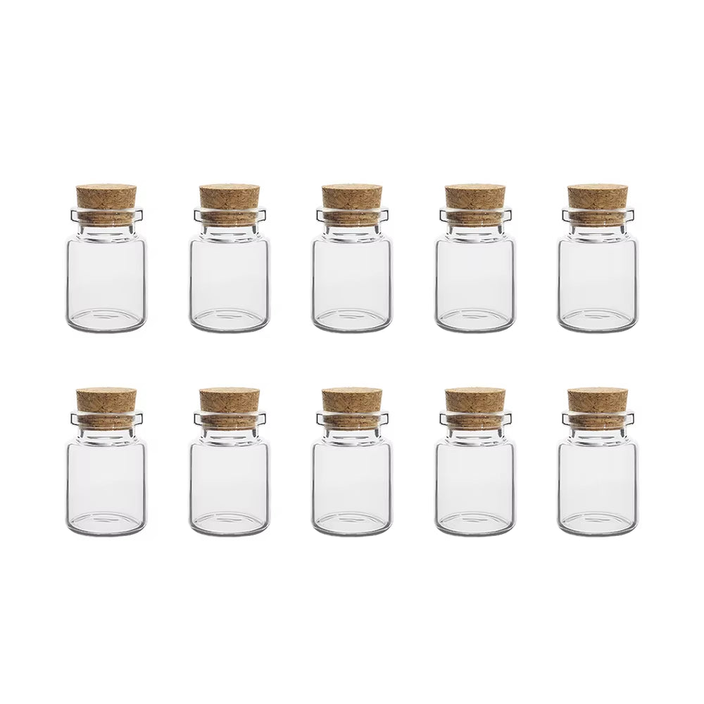 10-Piece Set of Small Glass Bottles (5ml-20ml) with Cork Stoppers for DIY Decoration and Message Vials