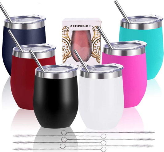 ZONEGRACE Set of 6 Assorted Color 12 oz Stainless Steel Stemless Wine Tumblers - Double Wall Vacuum Insulated with Lids and Straws, Perfect Gift for Coffee and Wine Aficionados