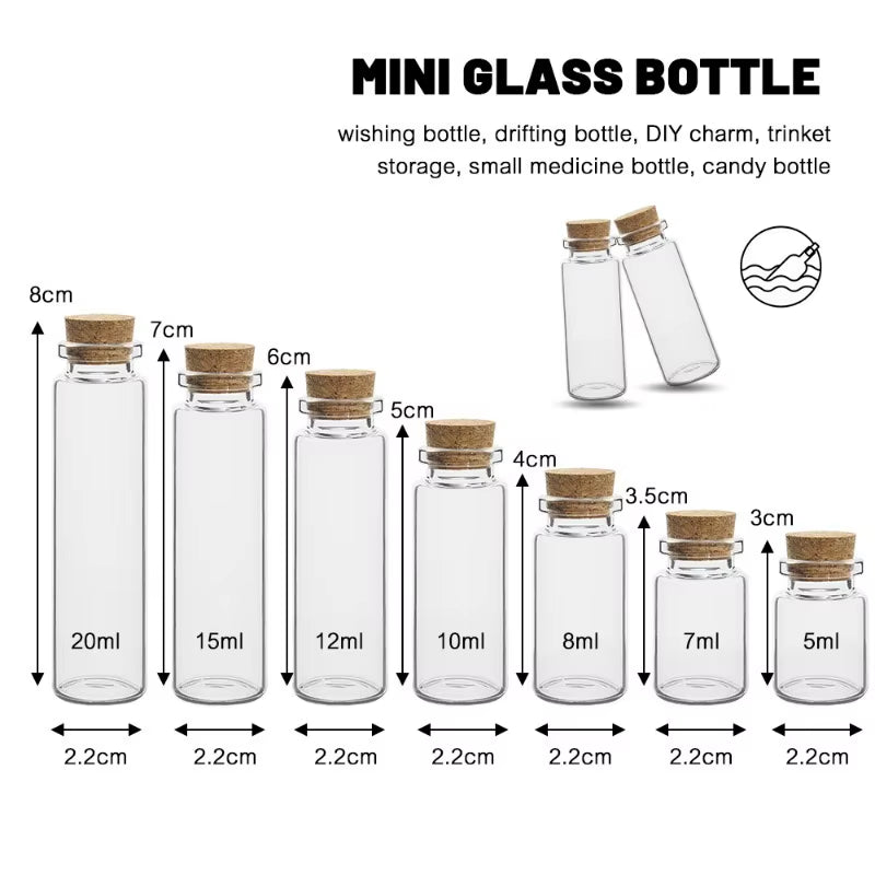 10-Piece Set of Small Glass Bottles (5ml-20ml) with Cork Stoppers for DIY Decoration and Message Vials