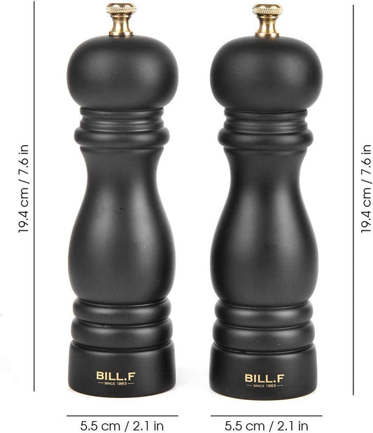 BILL.F Premium 7-Inch Wooden Salt and Pepper Grinder Set - Adjustable Ceramic Rotor, Set of 2