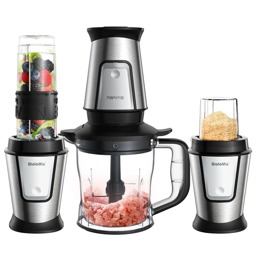 Biolomix 3-in-1 Multifunctional Food Processor - 700W Portable Juicer, Blender, and Food Chopper with Dry Grinding Functionality