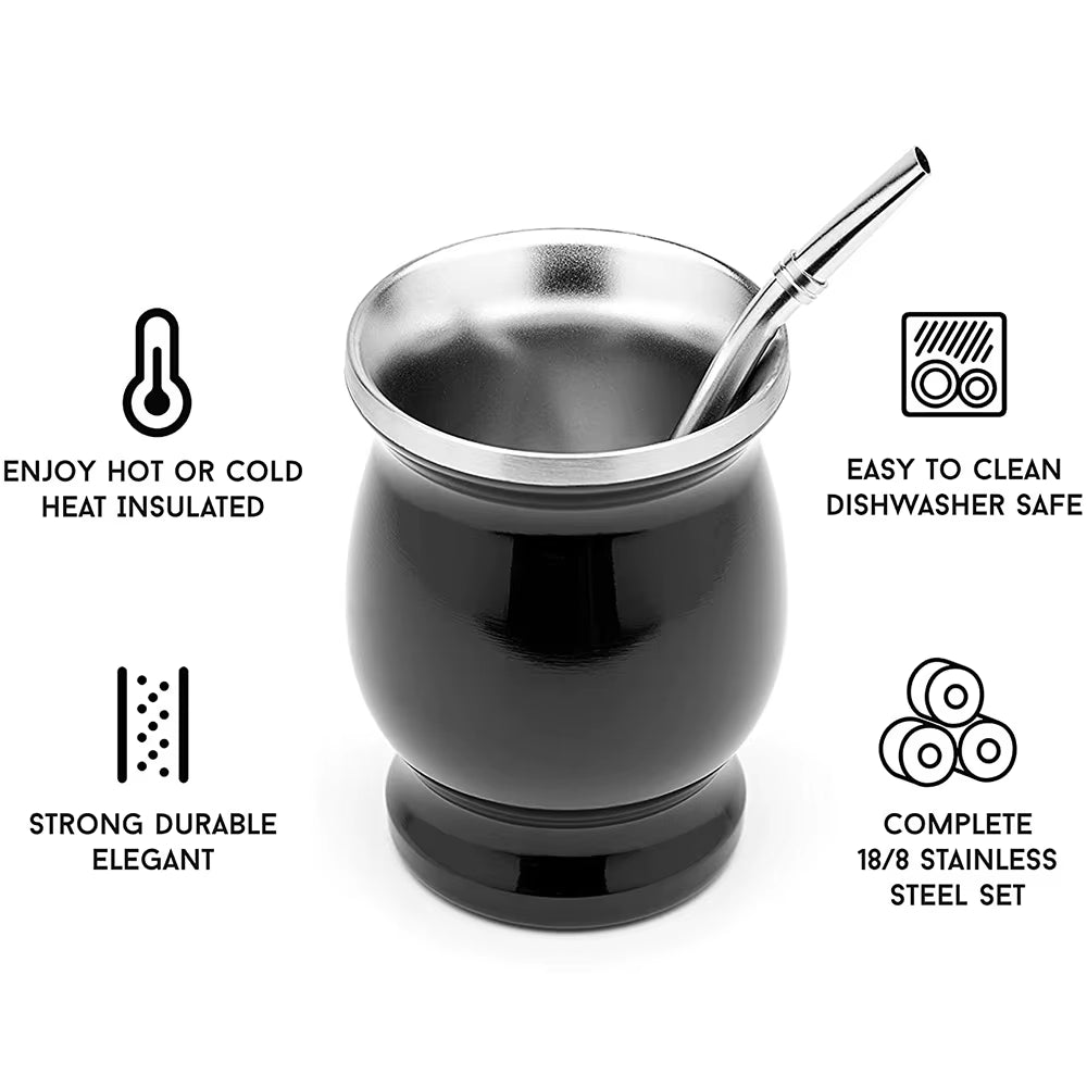 UPORS 8oz Double Wall Stainless Steel Yerba Mate Cup Set - Includes Bombillas and Cleaning Brush