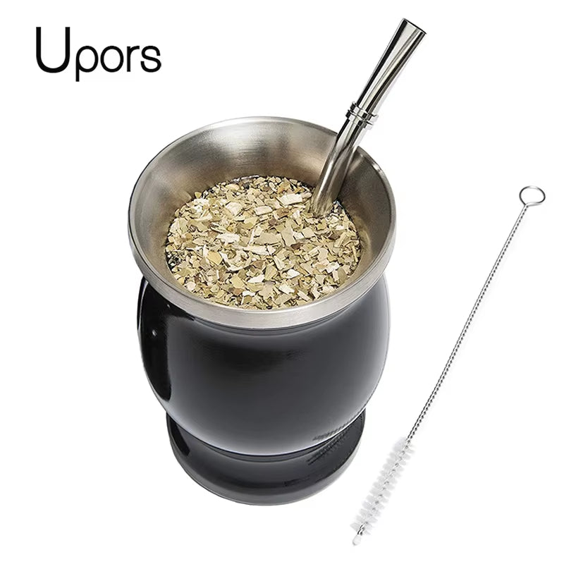 UPORS 8oz Double Wall Stainless Steel Yerba Mate Cup Set - Includes Bombillas and Cleaning Brush