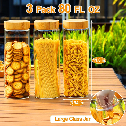 Airtight Glass Storage Jars with Bamboo Lids - Set of 3, 80oz Canisters for Cereal, Cookies, and Kitchen Organization