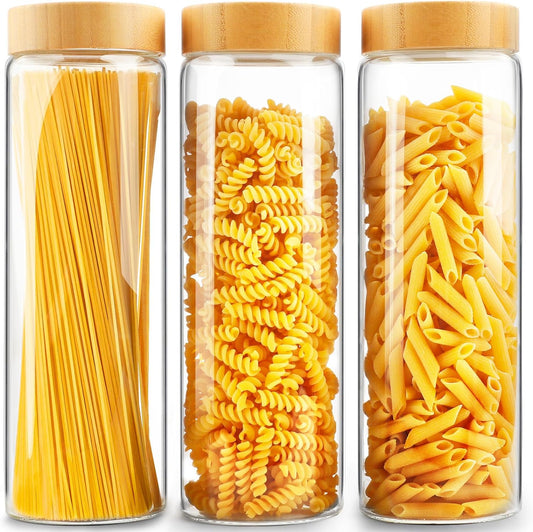 Airtight Glass Storage Jars with Bamboo Lids - Set of 3, 80oz Canisters for Cereal, Cookies, and Kitchen Organization