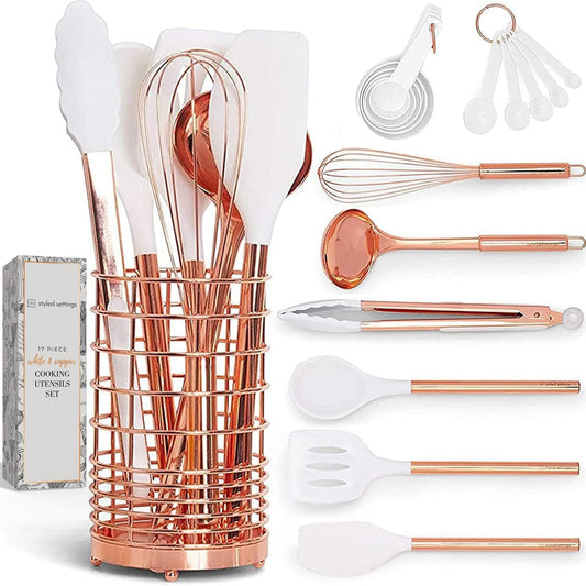 17-Piece White Silicone and Copper Kitchen Utensil Set with Holder - Elegant Rose Gold Cooking Tools for Nonstick Cookware, Featuring Measuring Cups and Spoons