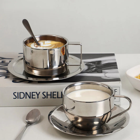 Set of 3 Double Wall Insulated Stainless Steel Coffee Mugs with Tray and Stirring Spoon for Home Use
