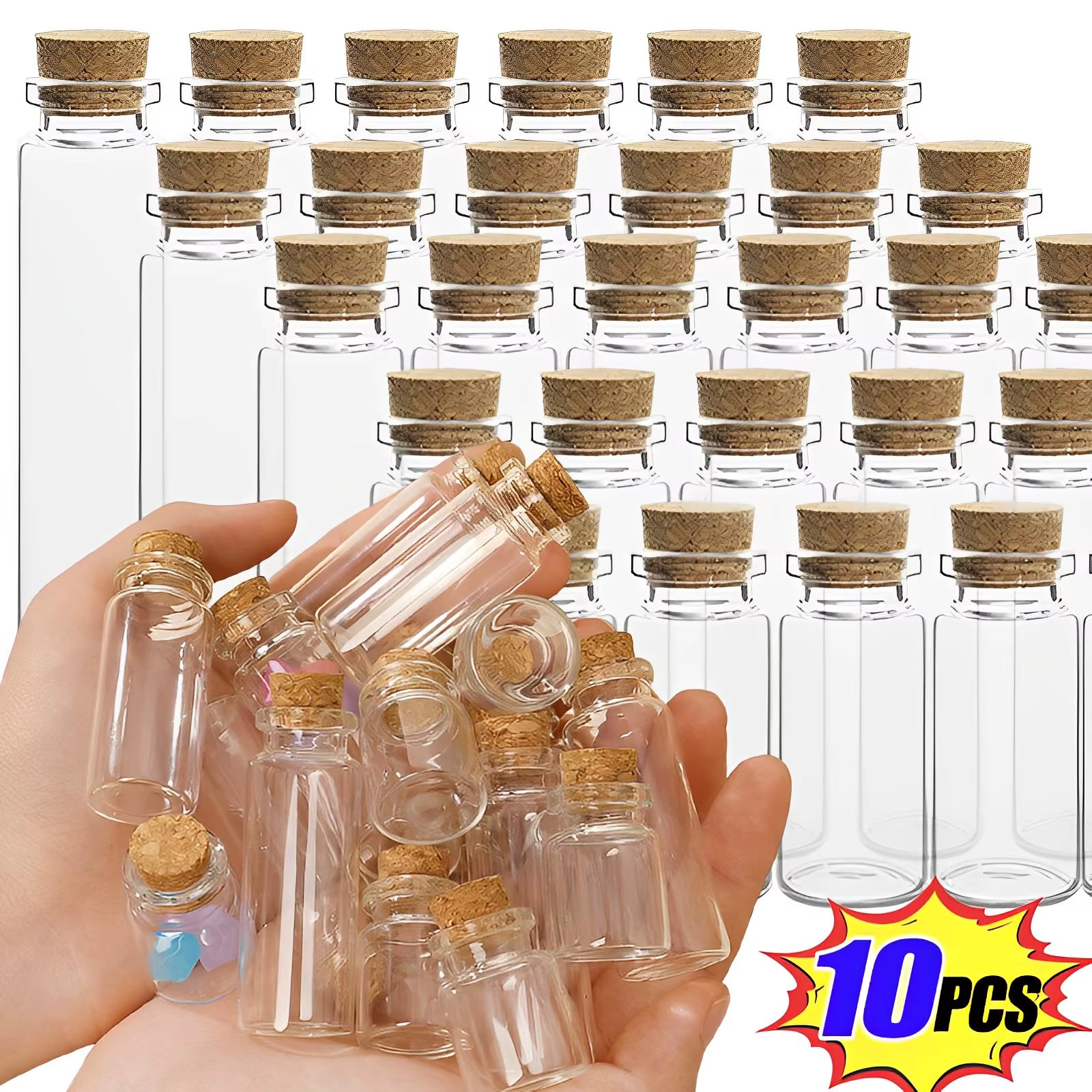10-Piece Set of Small Glass Bottles (5ml-20ml) with Cork Stoppers for DIY Decoration and Message Vials