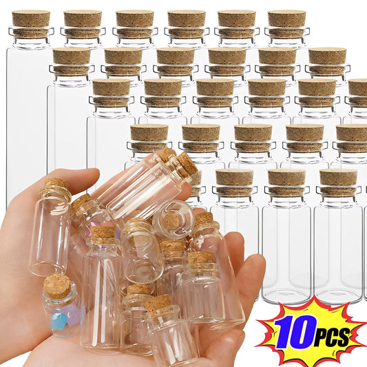 10-Piece Set of Small Glass Bottles (5ml-20ml) with Cork Stoppers for DIY Decoration and Message Vials