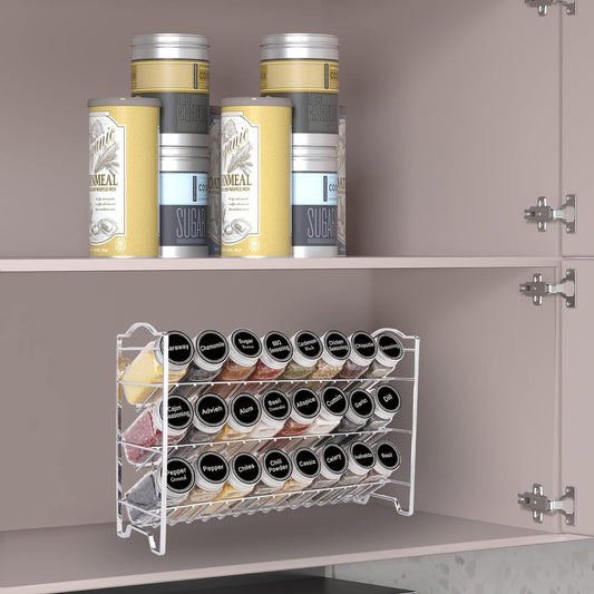 SWOMMOLY Comprehensive Spice Rack Organizer Set with 24 Empty Glass Jars, 396 Spice Labels, Chalk Marker, and Funnel - Suitable for Countertop, Cabinet, or Wall Mount, Silver