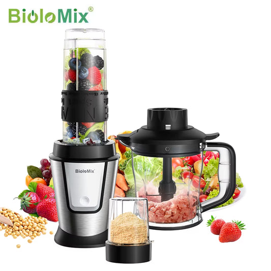 Biolomix 3-in-1 Multifunctional Food Processor - 700W Portable Juicer, Blender, and Food Chopper with Dry Grinding Functionality
