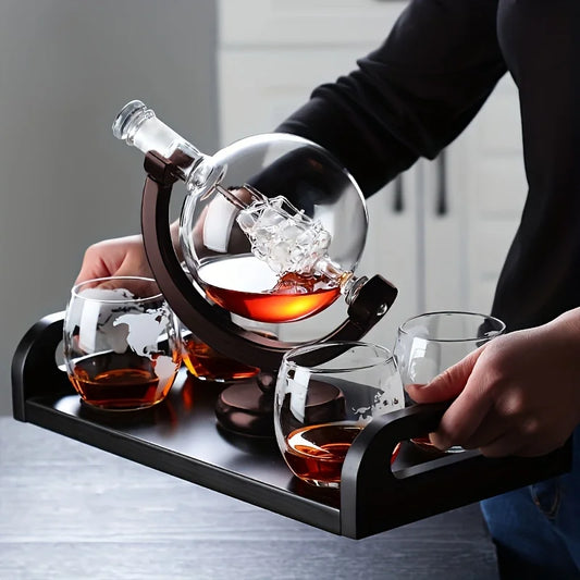 Elegant Globe Decanter Set with Lead-Free Carafe, Premium Wooden Stand, and Two Whiskey Glasses - Perfect Gift for Enthusiasts