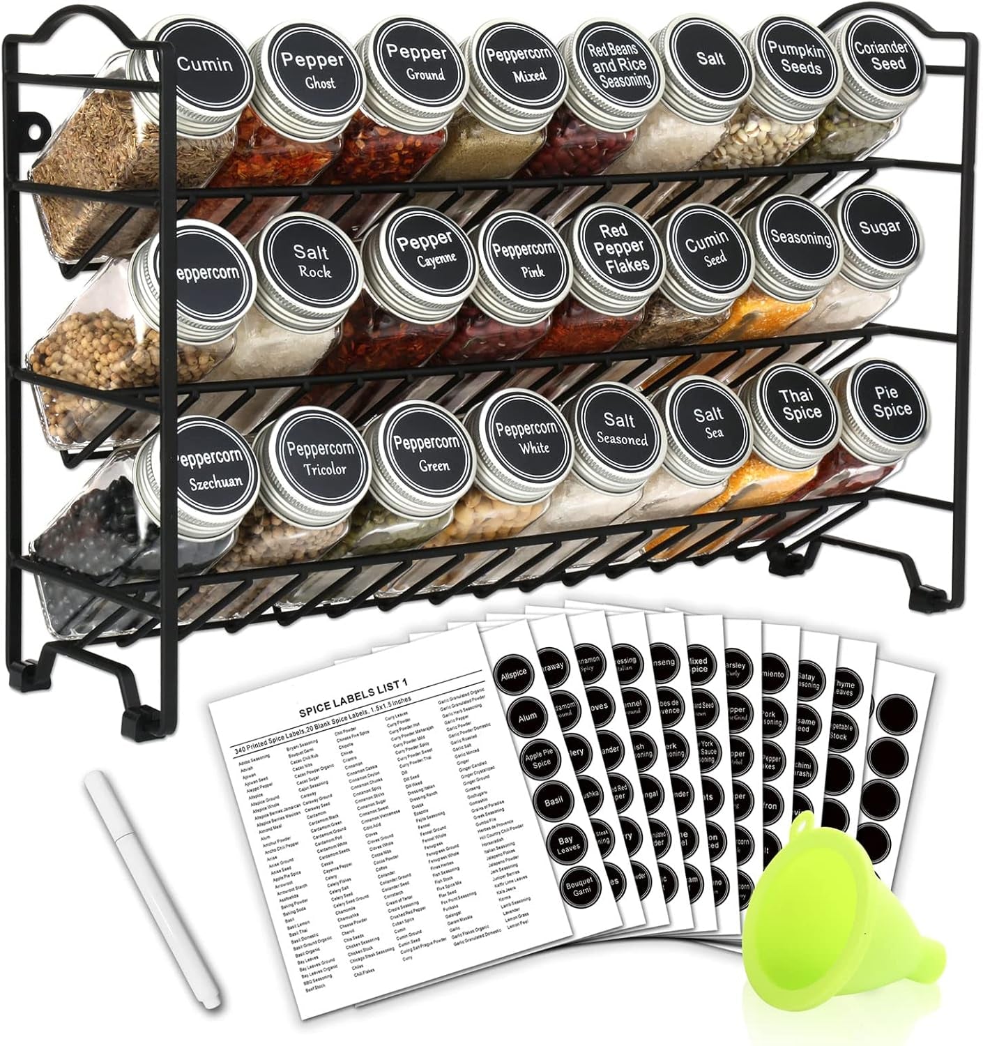 SWOMMOLY Comprehensive Spice Rack Organizer Set with 24 Empty Glass Jars, 396 Spice Labels, Chalk Marker, and Funnel - Suitable for Countertop, Cabinet, or Wall Mount, Silver